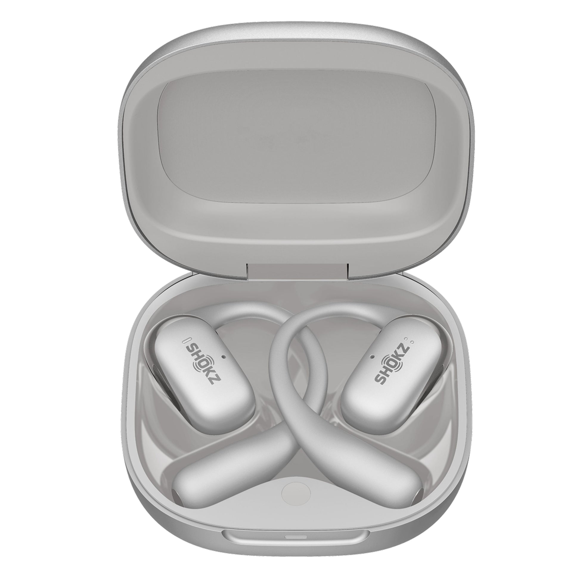 Shokz OpenFit 2+ TWS øretelefoner grå med ørekroge og Shokz-logo i åbent ladeetui.