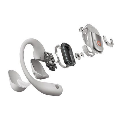 Shokz OpenFit 2+ TWS øretelefoner grå i eksploderet visning med åbent design, buet yderside og synlige indre dele.