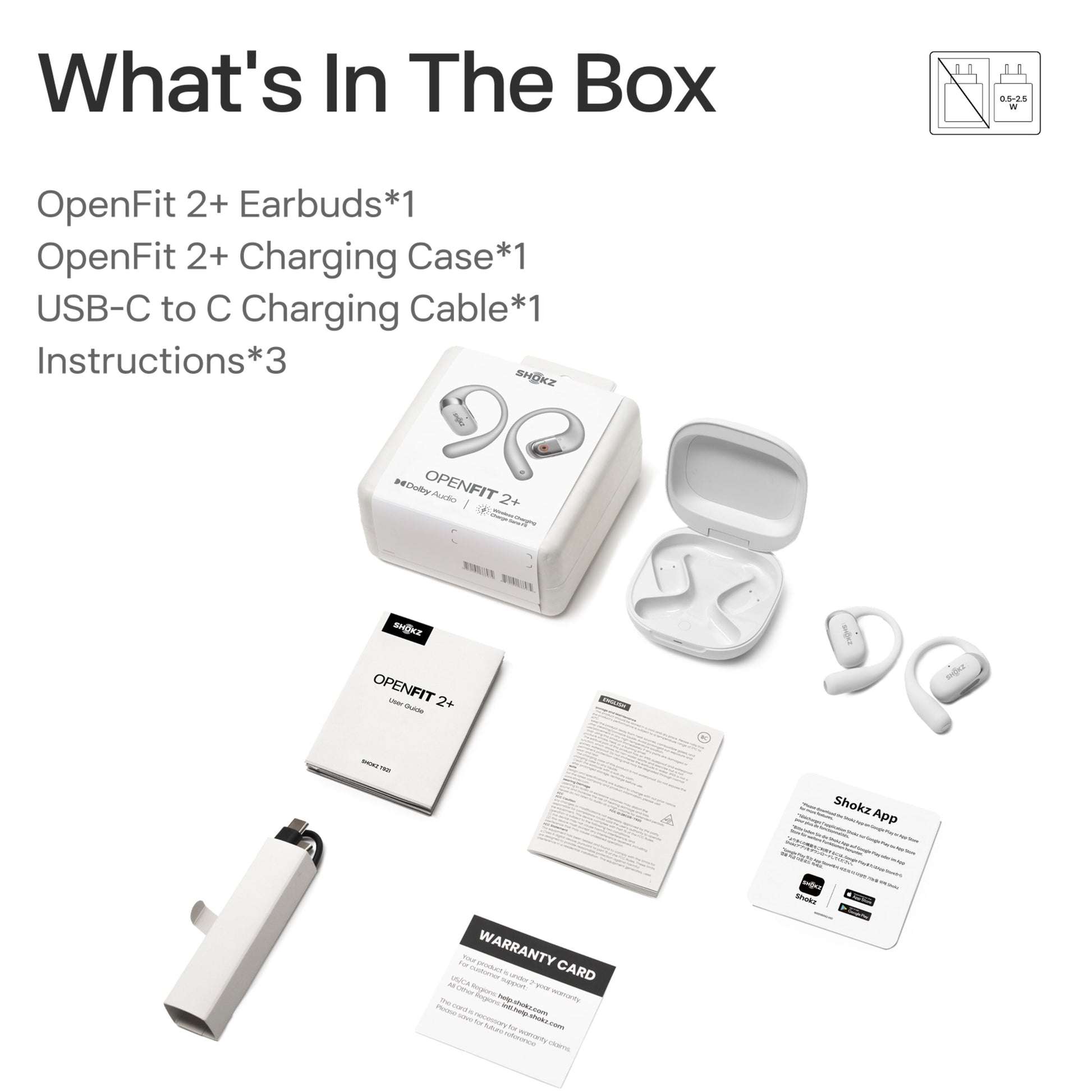 Shokz OpenFit 2+ TWS øretelefoner grå med etui, USB-C til C kabel, manualer, garantikort og app info kort.