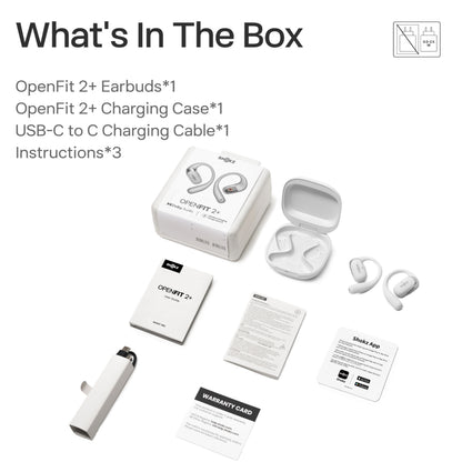 Shokz OpenFit 2+ TWS øretelefoner grå med etui, USB-C til C kabel, manualer, garantikort og app info kort.
