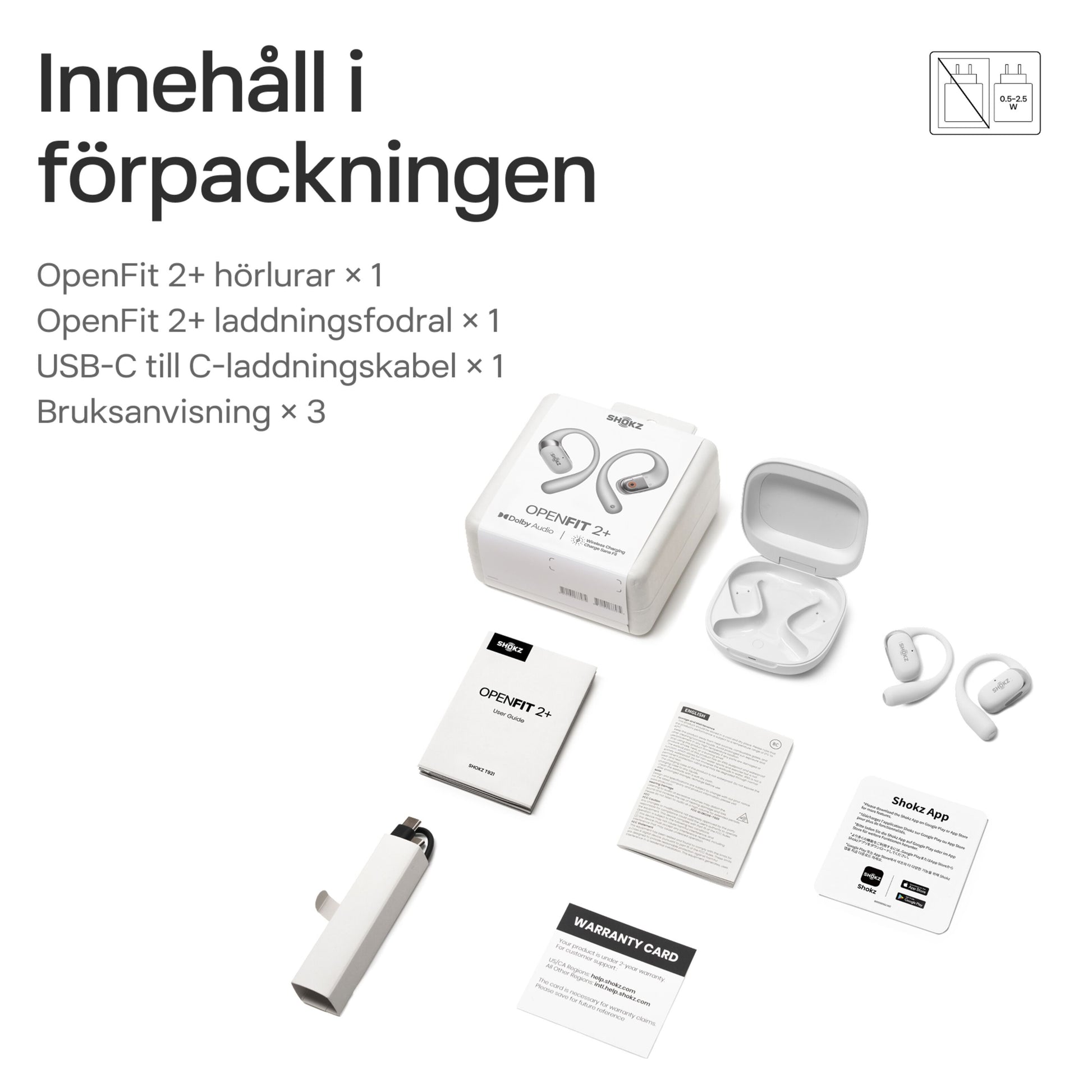 Shokz OpenFit 2+ TWS øretelefoner grå med opladeetui, ekstra etui, USB-C kabel, manualer og garantikort.