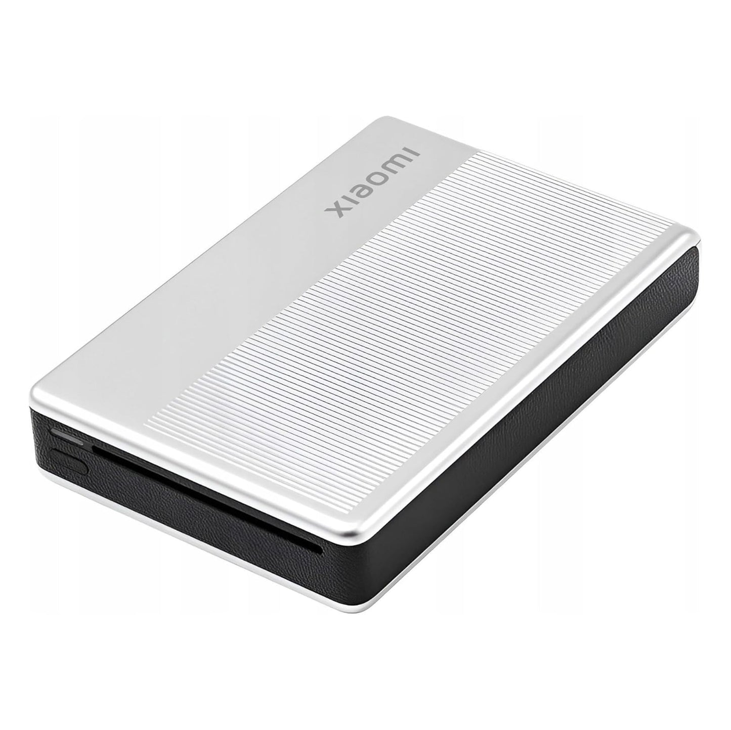 Xiaomi ekstern harddisk sølv/sort med logo ved siden af Xiaomi Bærbar fotoprinter 1S ZINK Zero Ink.