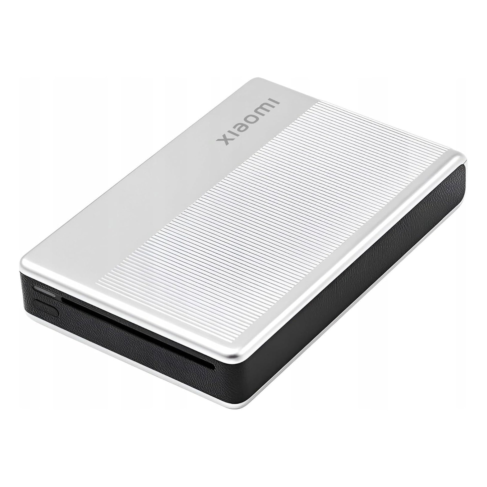 Xiaomi ekstern harddisk sølv/sort med logo ved siden af Xiaomi Bærbar fotoprinter 1S ZINK Zero Ink.