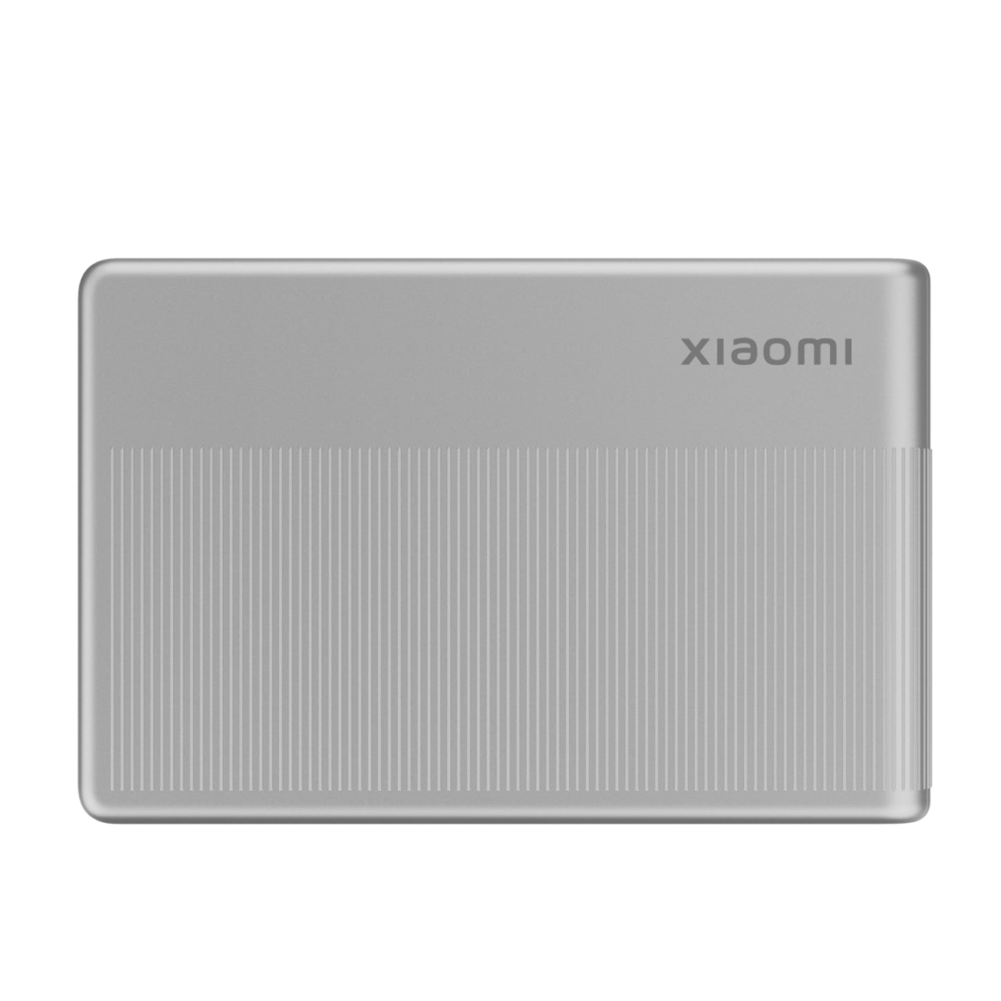 Xiaomi ekstern harddisk sølv, rektangulær, rillet bund og glat top, Xiaomi-logo øverst til højre.