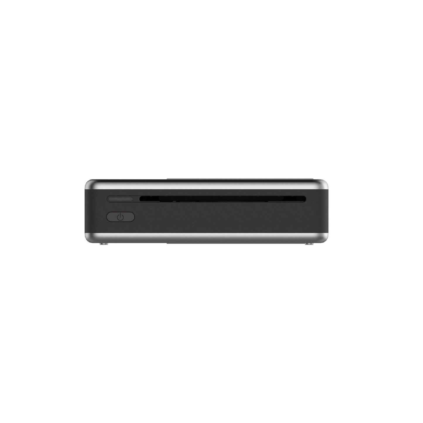 Xiaomi Bærbar fotoprinter 1S sort, set forfra med powerknap nederst tv, slank udskriftsåbning, metallisk kant, Bluetooth.