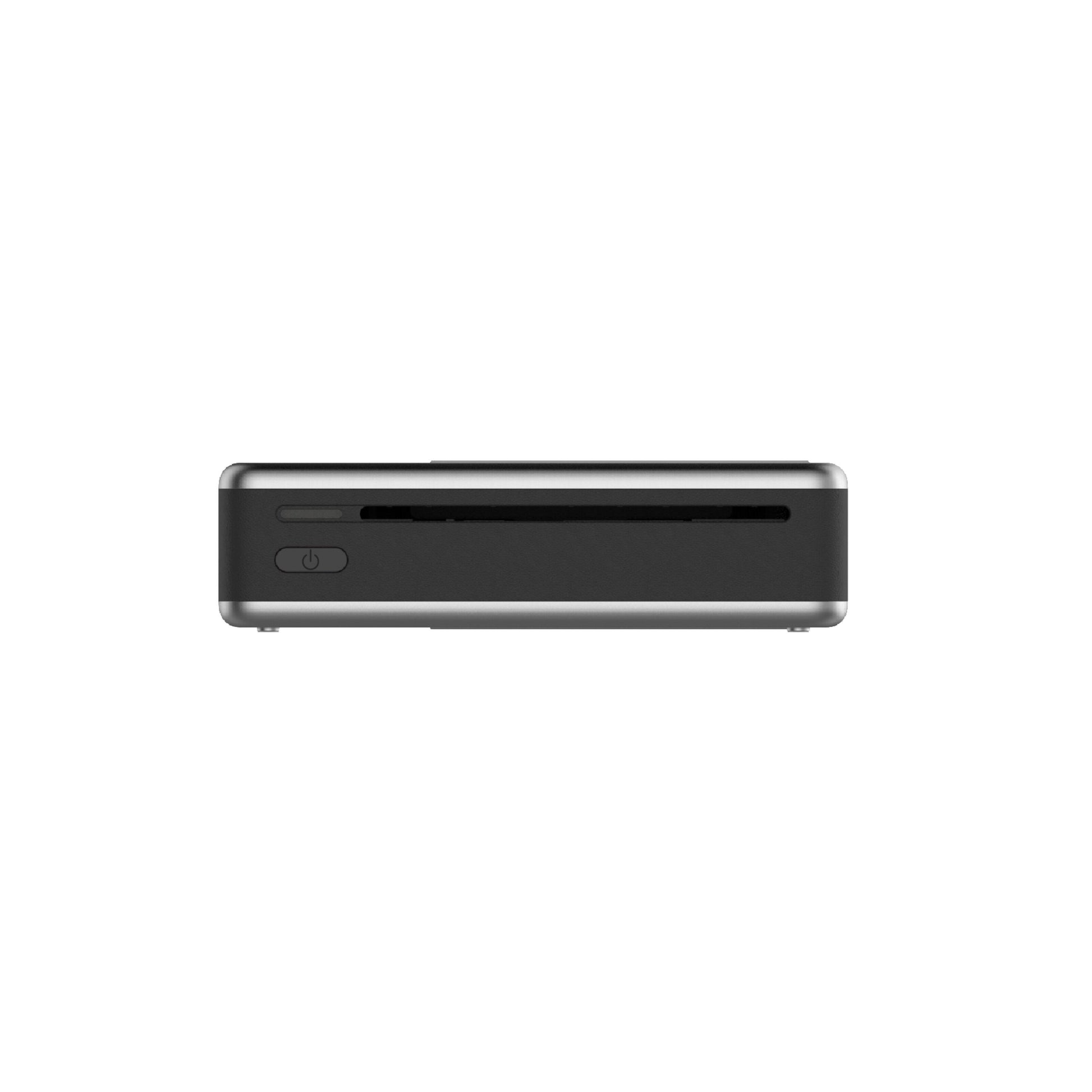 Xiaomi Bærbar fotoprinter 1S sort, set forfra med powerknap nederst tv, slank udskriftsåbning, metallisk kant, Bluetooth.