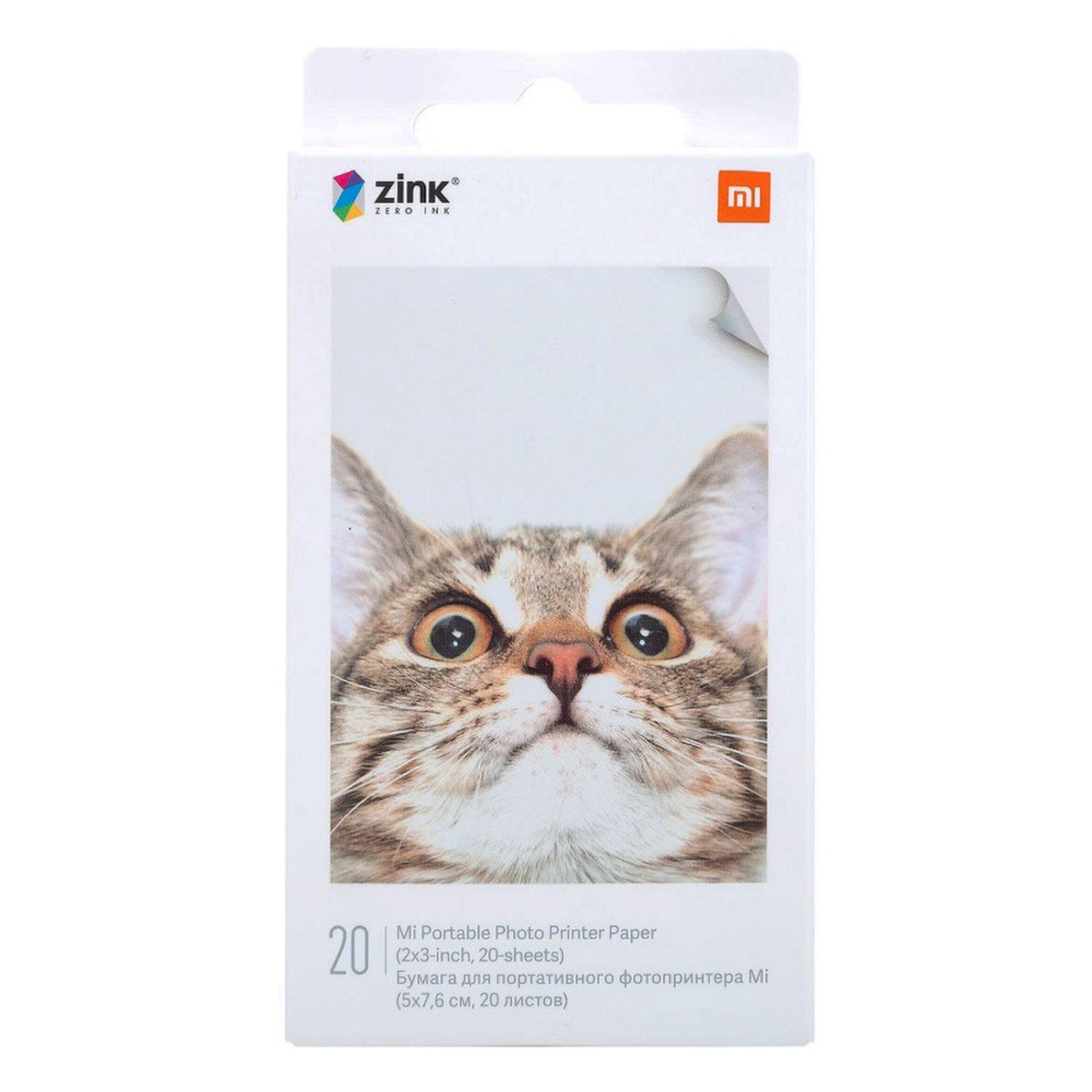 Xiaomi Fotopapir til Photo Printer 1S æske med kattemotiv, ZINK-teknologi, engelsk og russisk tekst, Zink og Mi logo.