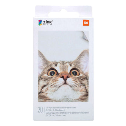 Xiaomi Fotopapir til Photo Printer 1S æske med kattemotiv, ZINK-teknologi, engelsk og russisk tekst, Zink og Mi logo.
