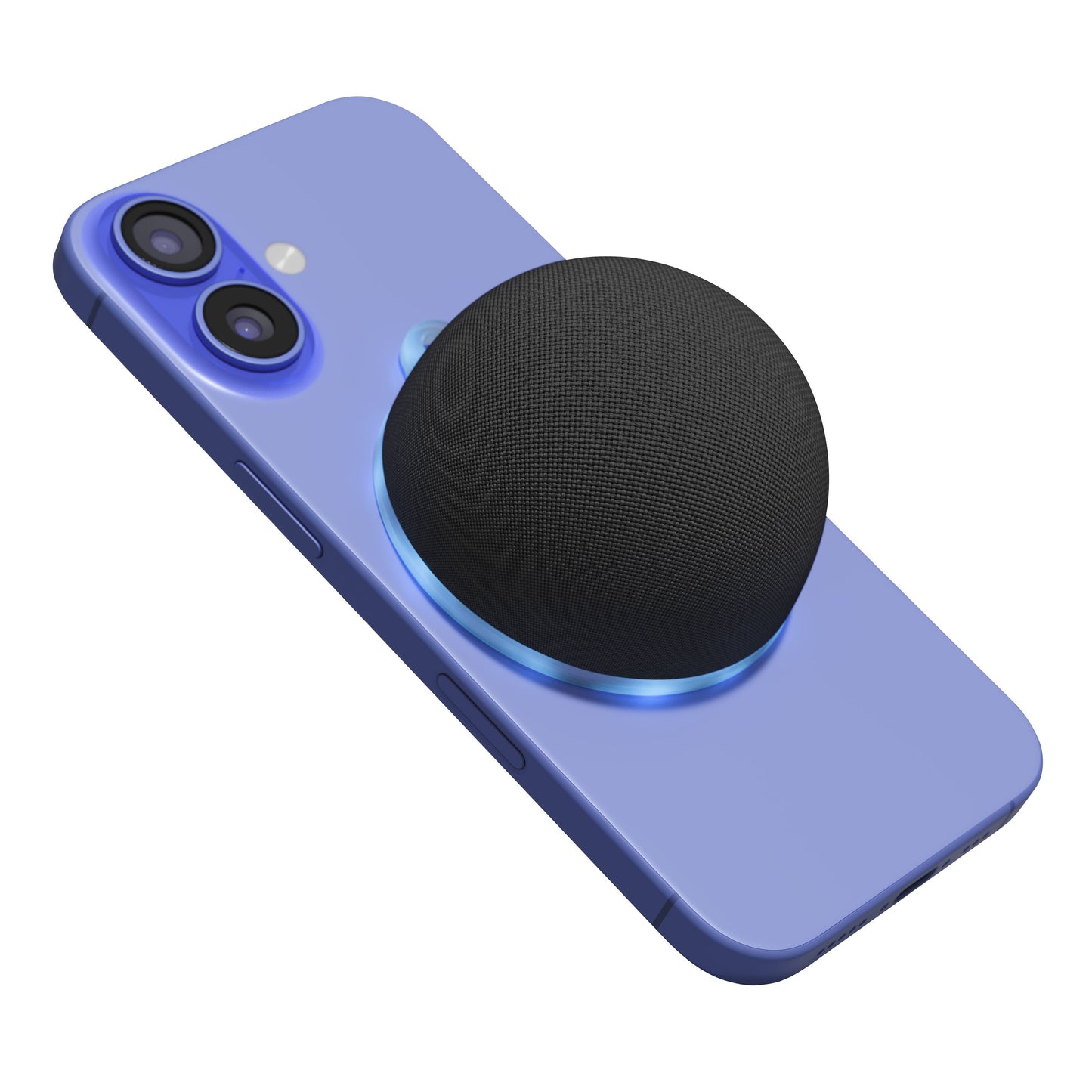 Nomadelic Loud 01 Magnetisk Bluetooth-højttaler med lysende blå base på blå smartphone med to bagkameraer.