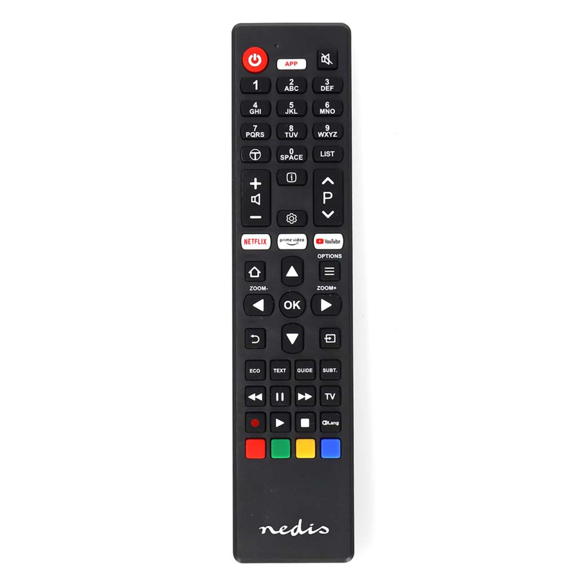 Nedis fjernbetjening til Thomson/TCL-TV, sort med farvede knapper, piletaster, lyd/kanal kontrol, Netflix og YouTube knap.