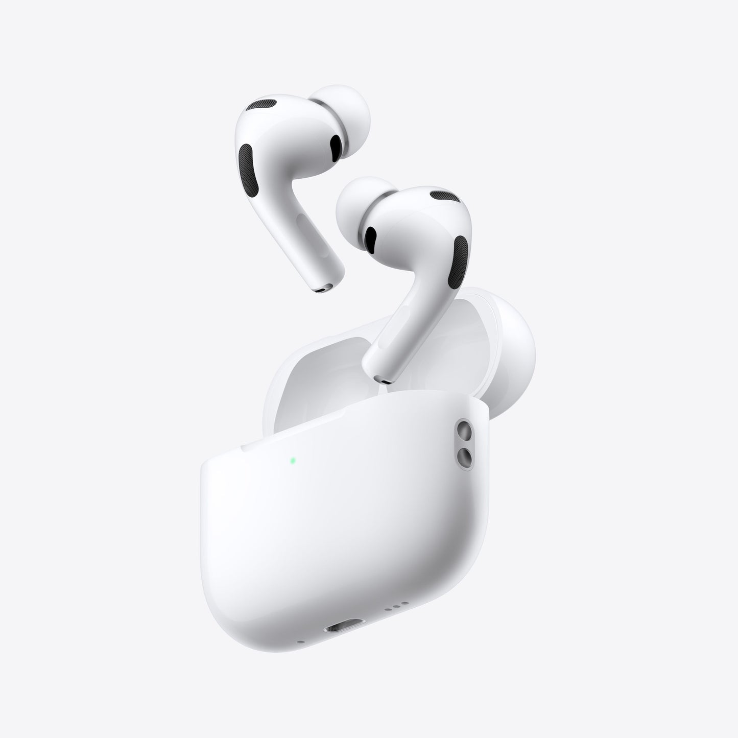 Apple AirPods Pro 3 trådløse høretelefoner hvid med sorte detaljer over åben hvid opladeetui, aktiv støjreduktion.