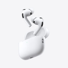 Apple AirPods Pro 3 trådløse høretelefoner hvid med sorte detaljer over åben hvid opladeetui, aktiv støjreduktion.