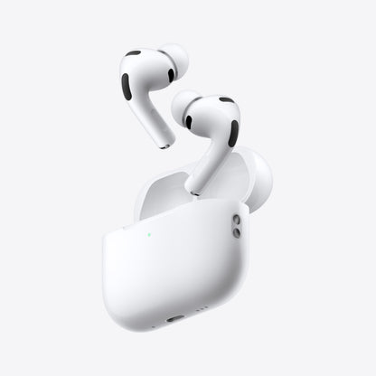 Apple AirPods Pro 3 trådløse høretelefoner hvid med sorte detaljer over åben hvid opladeetui, aktiv støjreduktion.