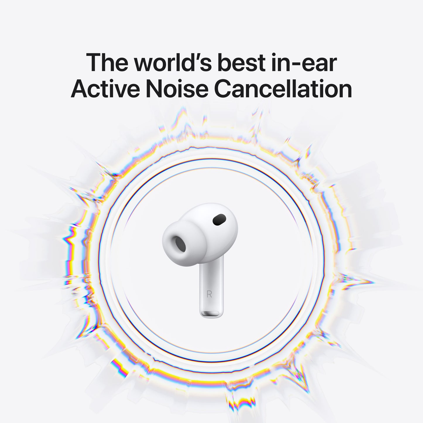 Apple AirPods Pro 3 øretelefon hvid med silikone-tip og tekst: "Verdens bedste in-ear aktive støjreduktion.