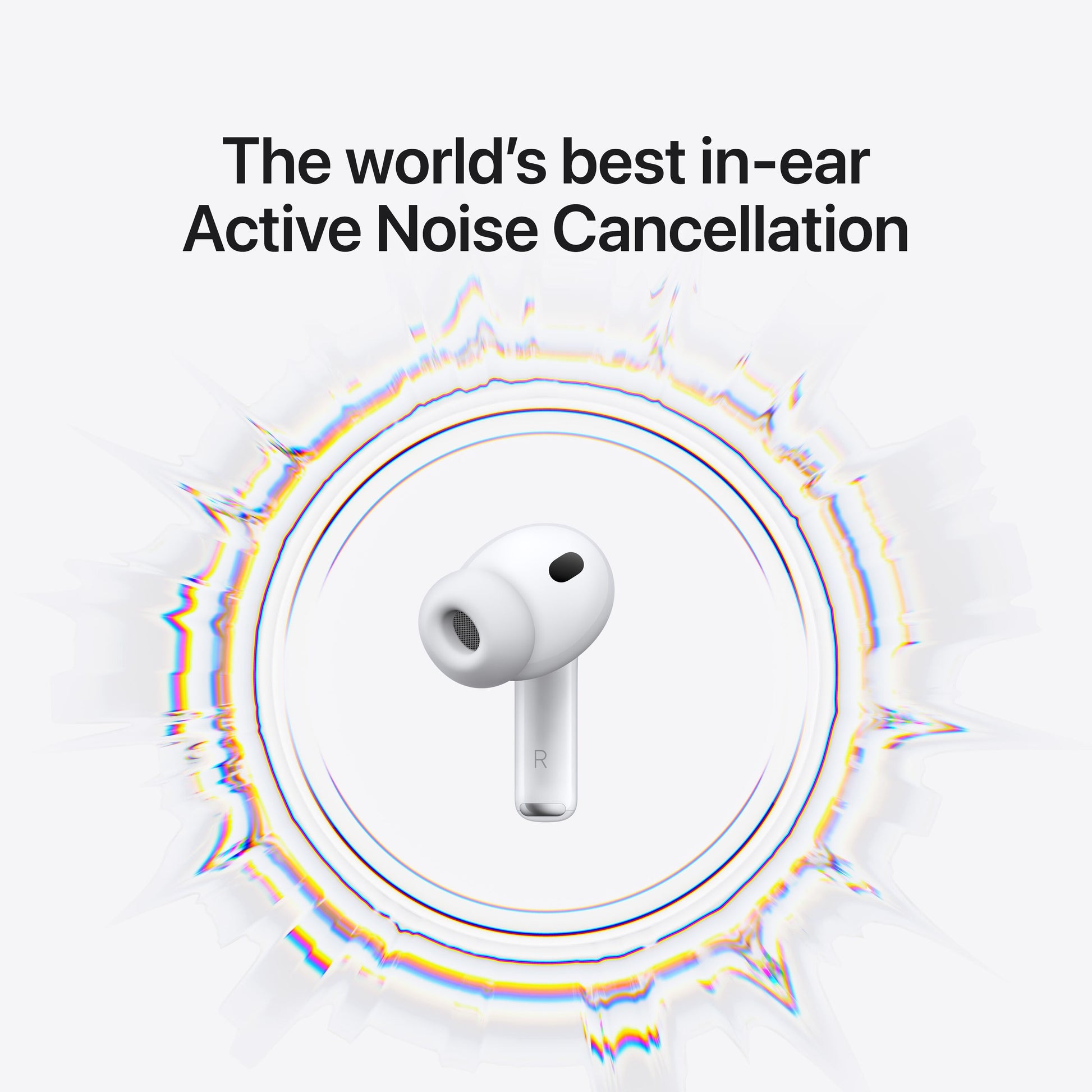 Apple AirPods Pro 3 øretelefon hvid med silikone-tip og tekst: "Verdens bedste in-ear aktive støjreduktion.