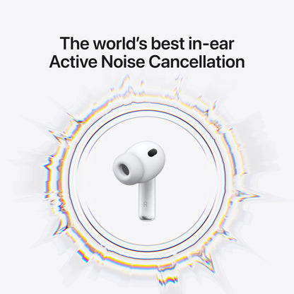 Apple AirPods Pro 3 øretelefon hvid med silikone-tip og tekst: "Verdens bedste in-ear aktive støjreduktion.