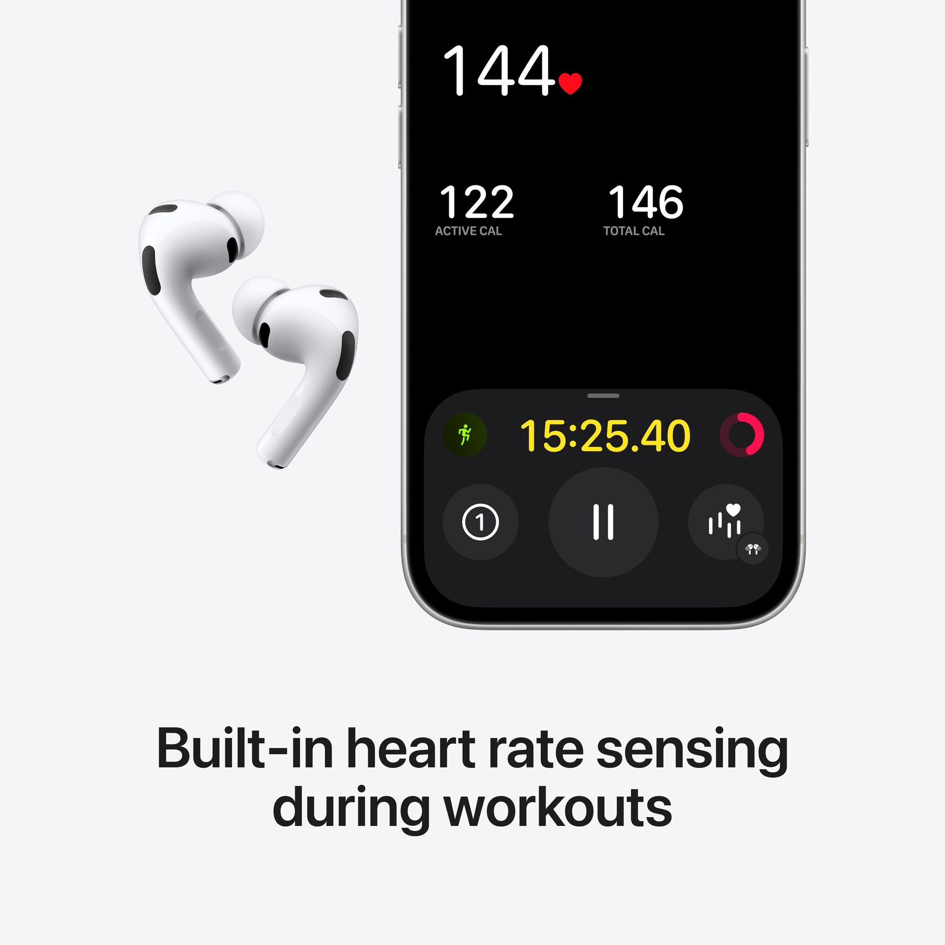 Apple AirPods Pro 3 med indbygget pulsmåling og aktiv støjreduktion ved siden af smartphone med workout-app.