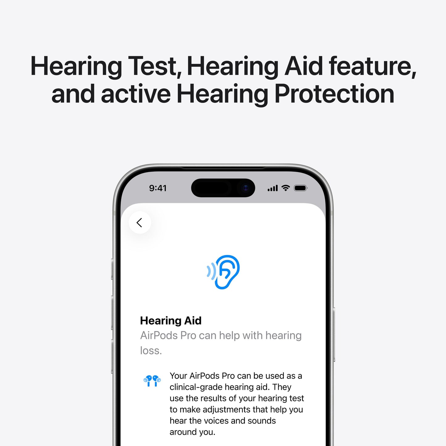 Apple AirPods Pro 3 vises på smartphone-skærm med høreapparatfunktion og øreikon til lydjustering.