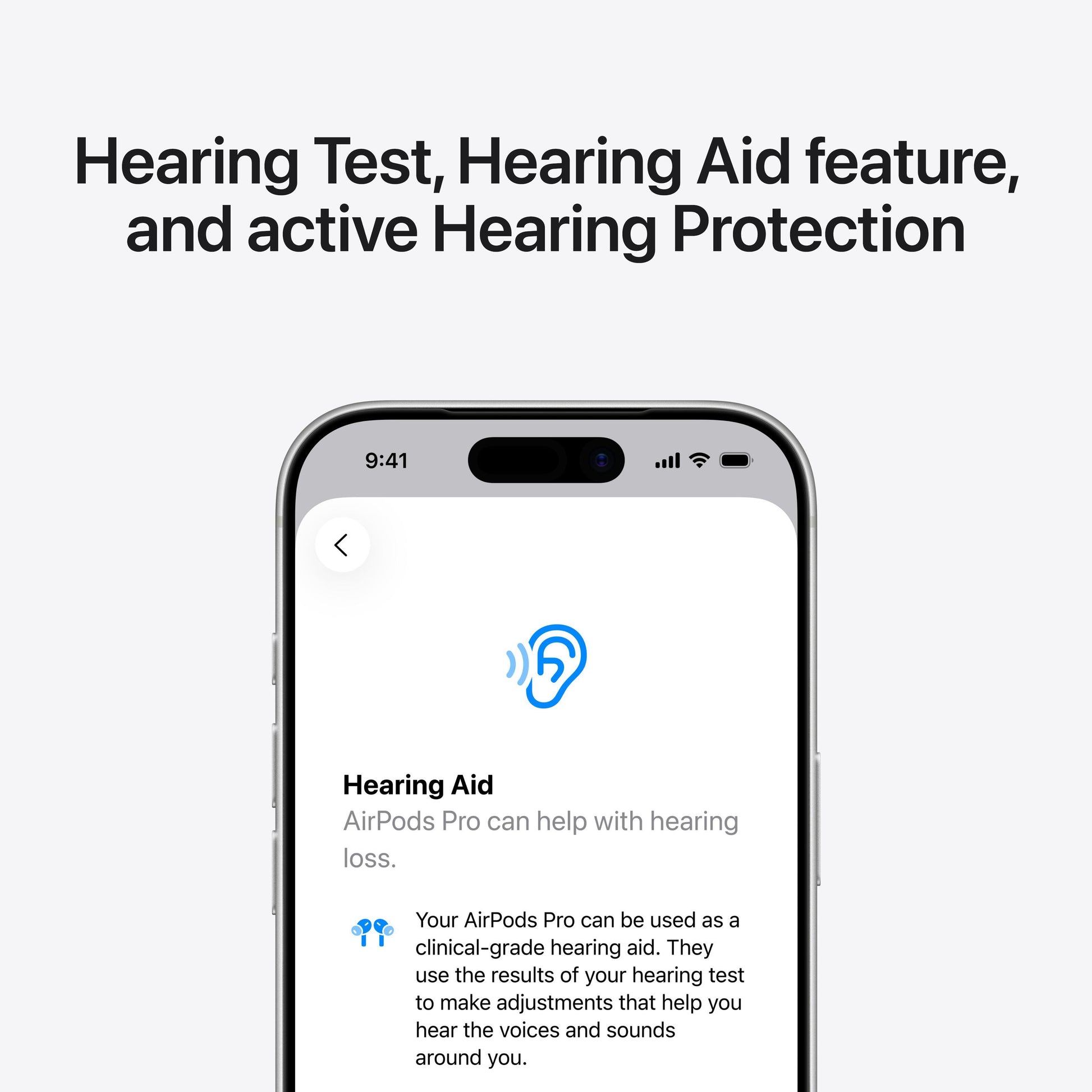 Apple AirPods Pro 3 vises på smartphone-skærm med høreapparatfunktion og øreikon til lydjustering.