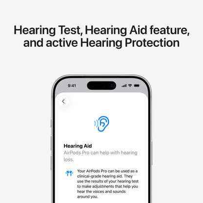 Apple AirPods Pro 3 vises på smartphone-skærm med høreapparatfunktion og øreikon til lydjustering.