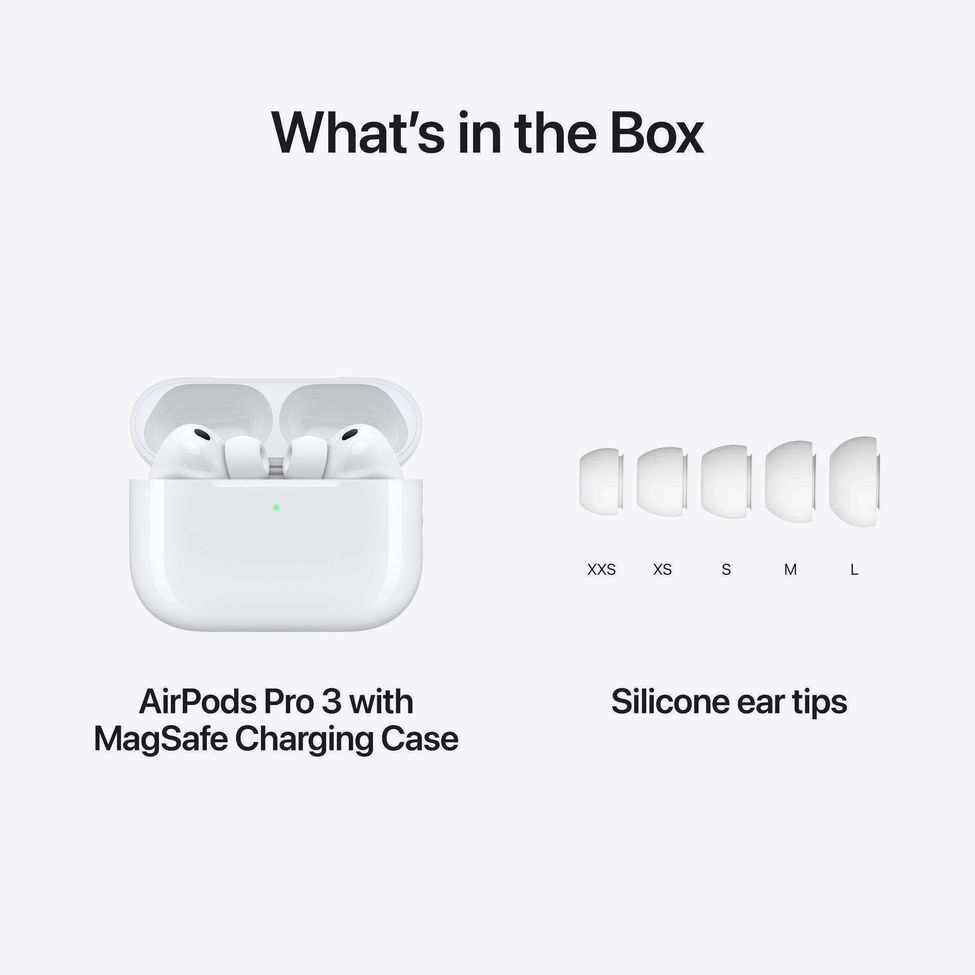 Apple AirPods Pro 3 i åben MagSafe Charging Case med fem silikone ørepropper.