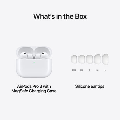 Apple AirPods Pro 3 i åben MagSafe Charging Case med fem silikone ørepropper.