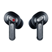 Nothing Ear (3) Sort trådløse ørepropper med sort farve, transparente stænger, adaptiv støjreduktion, rød og hvid detalje.