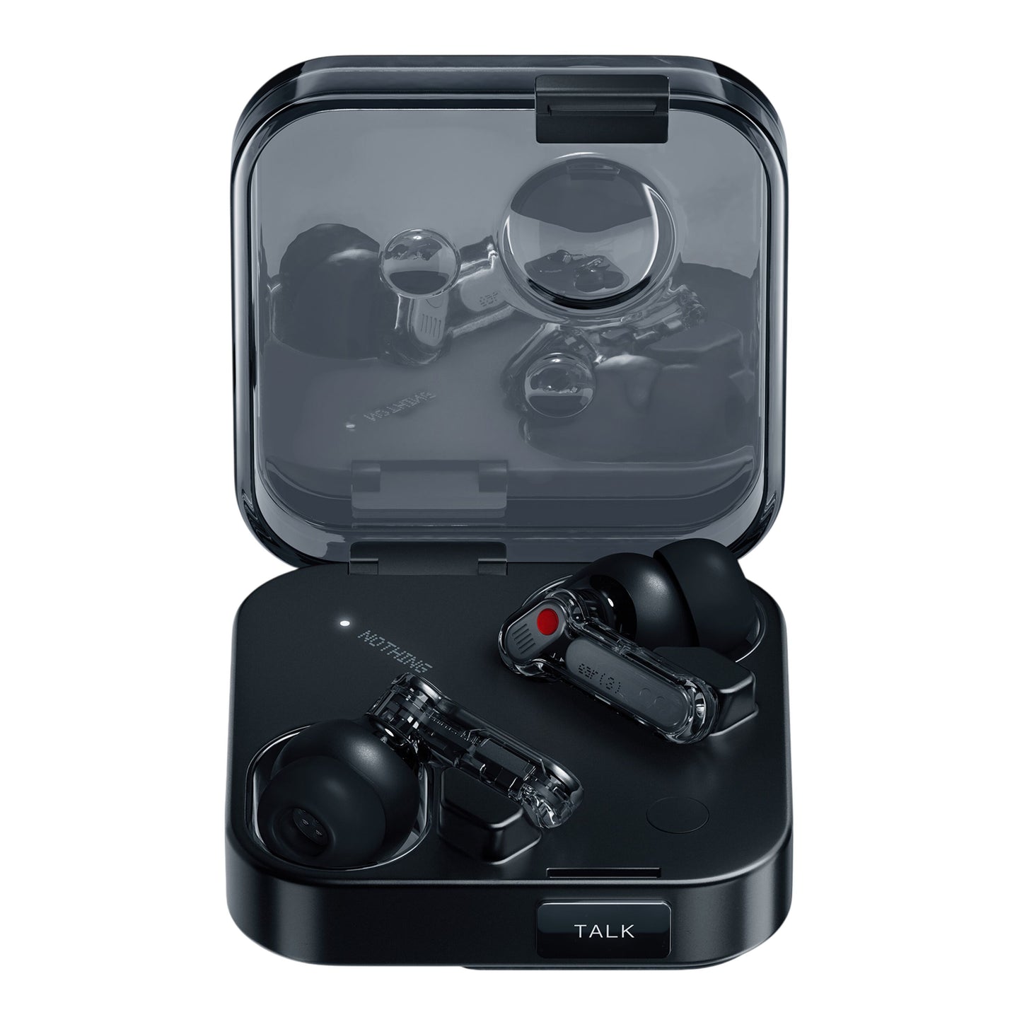 Nothing Ear (3) Sort true wireless earbuds med transparente stænger i åben kvadratisk opladningsetui med klar låg, TALK-slot.