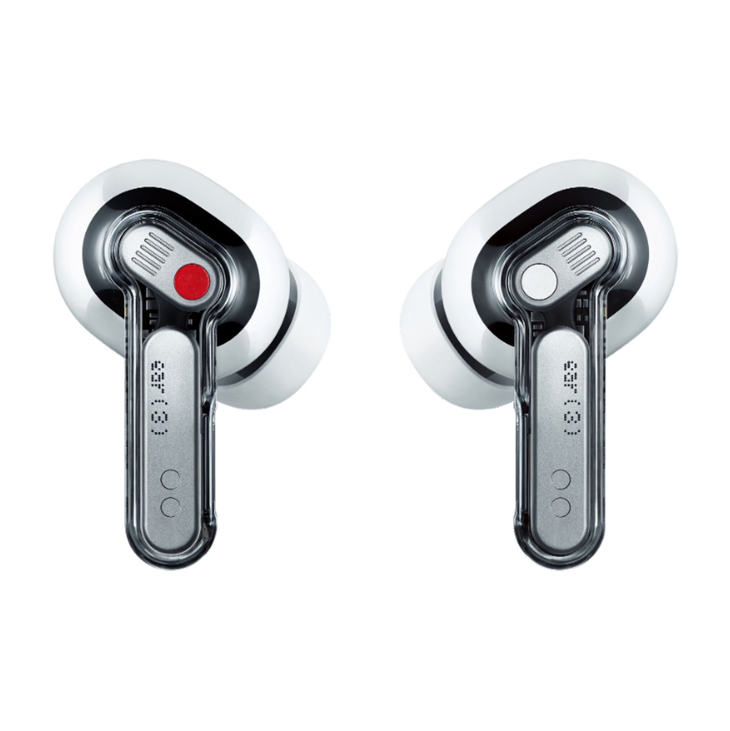 Nothing Ear (3) in-ear høretelefoner hvid med transparente stænger, rød og hvid prik og aktiv støjreduktion.