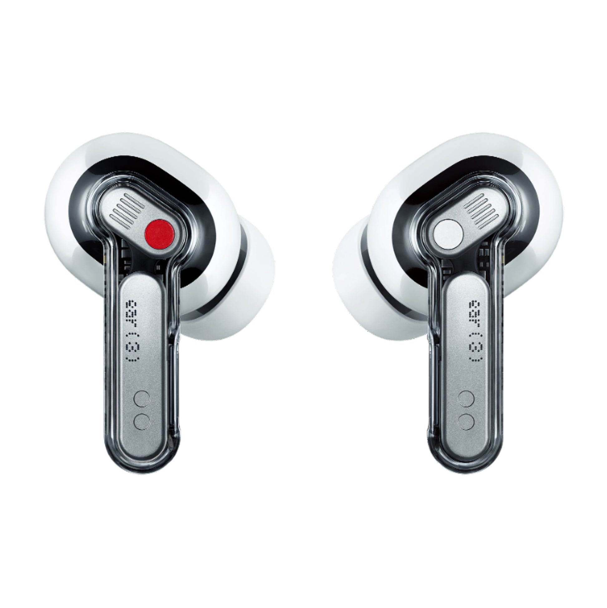 Nothing Ear (3) in-ear høretelefoner hvid med transparente stænger, rød og hvid prik og aktiv støjreduktion.