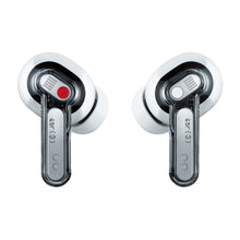 Nothing Ear (3) in-ear høretelefoner hvid med transparente stænger, rød og hvid prik og aktiv støjreduktion.