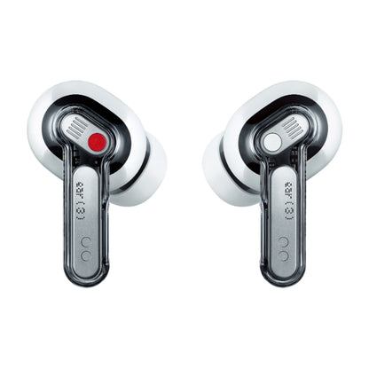Nothing Ear (3) in-ear høretelefoner hvid med transparente stænger, rød og hvid prik og aktiv støjreduktion.