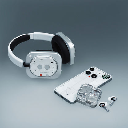 Nothing Ear (3) Hvid in-ear høretelefoner med aktiv støjreduktion, smartphone i gennemsigtigt cover, til ørepropper i klar etui.