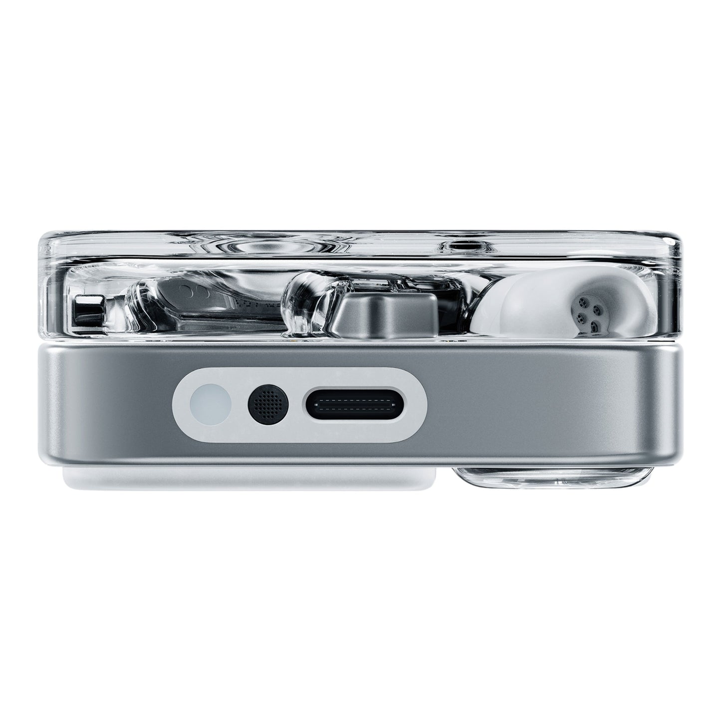 Nothing Ear (3) Hvid opladetui, transparent og sølv rektangulært design med front USB-C, højtaler og knap.