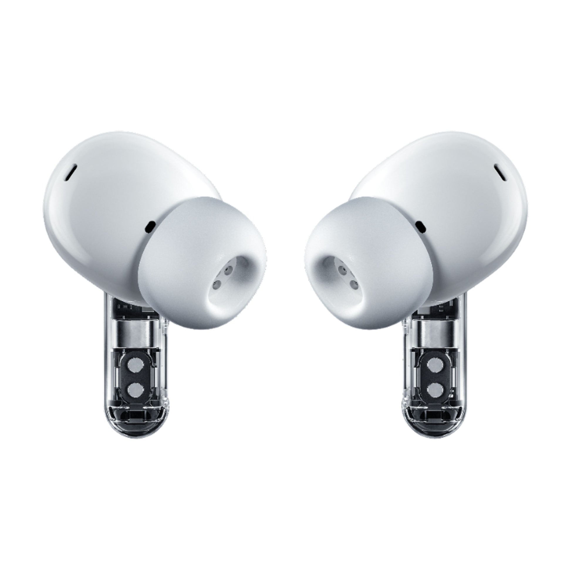 Nothing Ear (3) hvide in-ear høretelefoner med silikonepropper, gennemsigtige stænger og synlige indvendige komponenter.