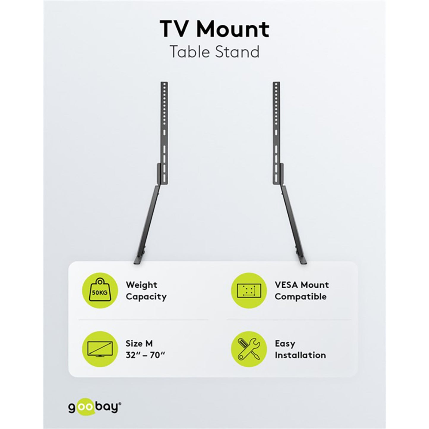 Goobay bordstativ til tv 32-70" VESA-kompatibel, 50 kg kapacitet, grønne og sorte funktionsikoner.