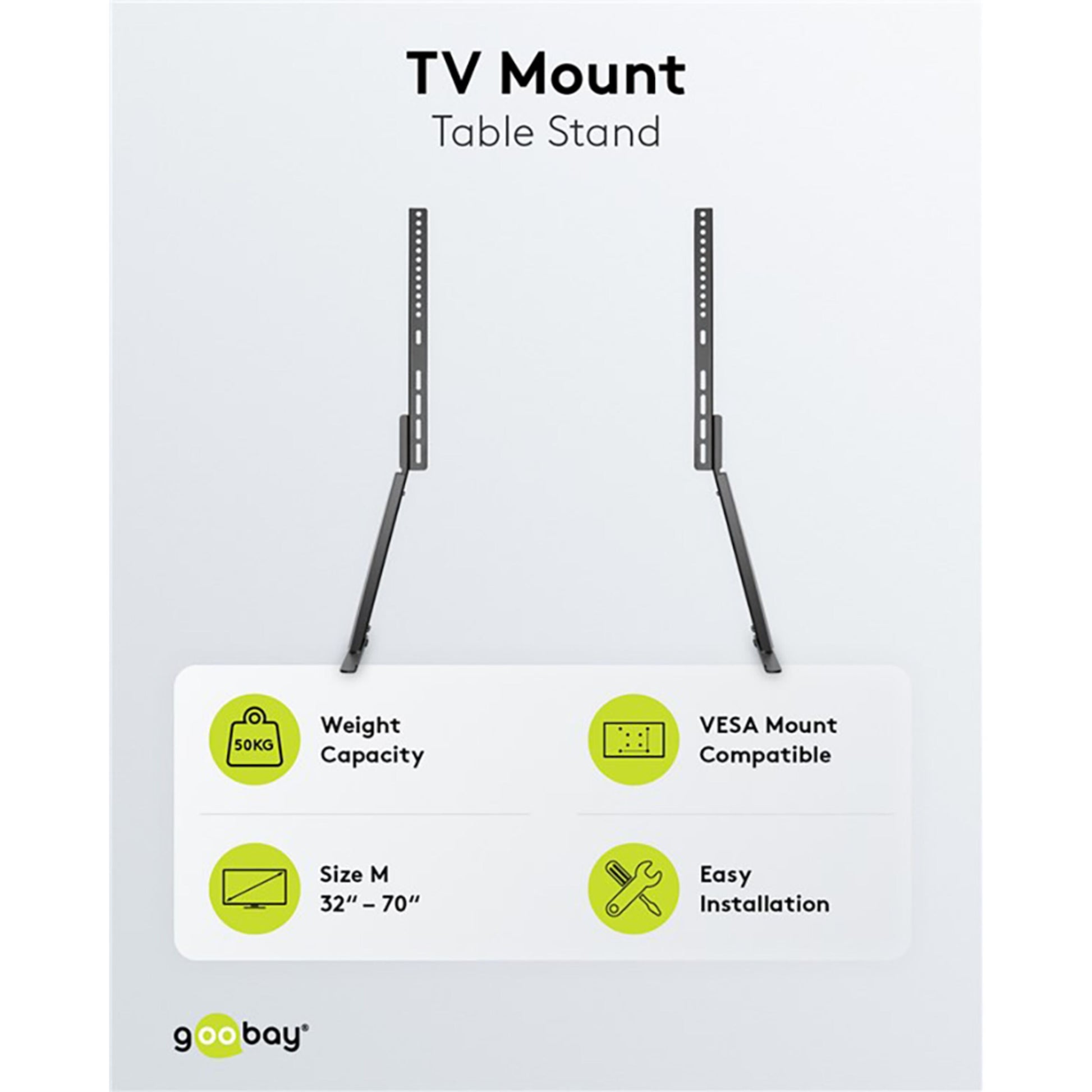 Goobay bordstativ til tv 32-70" VESA-kompatibel, 50 kg kapacitet, grønne og sorte funktionsikoner.