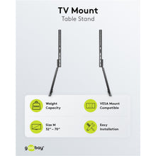 Goobay bordstativ til tv 32-70" VESA-kompatibel, 50 kg kapacitet, grønne og sorte funktionsikoner.