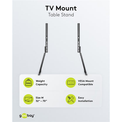 Goobay bordstativ til tv 32-70" VESA-kompatibel, 50 kg kapacitet, grønne og sorte funktionsikoner.