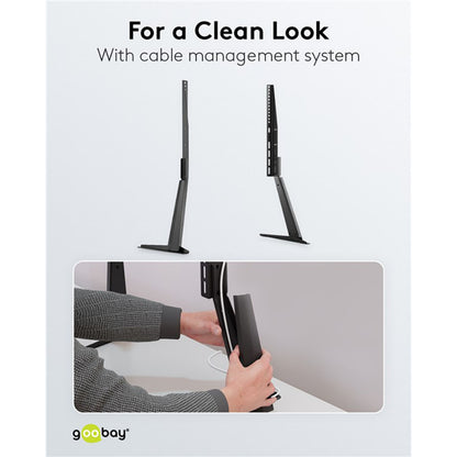 Goobay bordstativ sort til tv 32-70" med kabelstyring, Goobay-logo og tekst "For a Clean Look With cable management system.