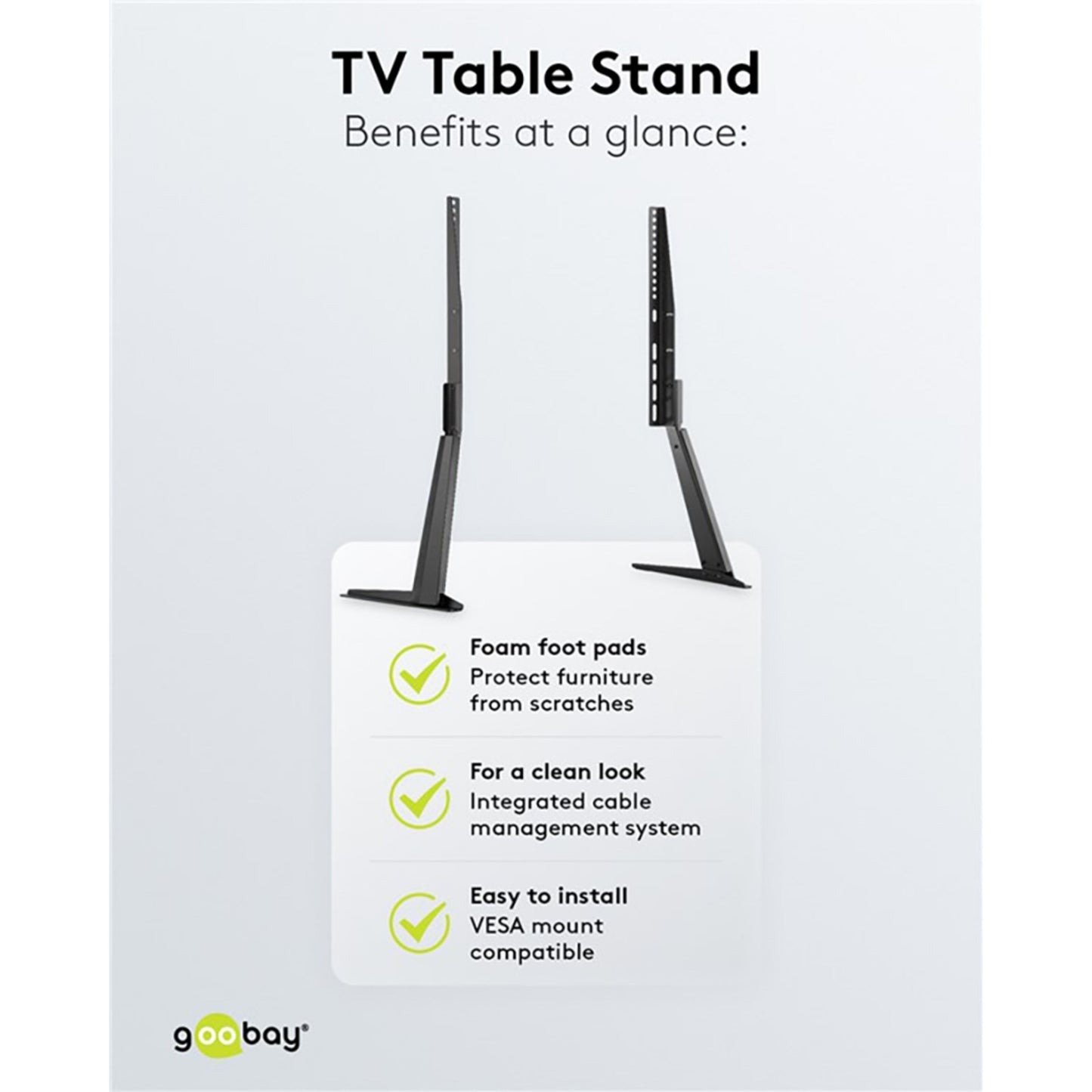 TV-bordstativ 32-70 tommer, sorte metalben med skumpuder, integreret kabelstyring, VESA-kompatibel, front- og sidevisning.
