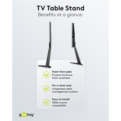 TV-bordstativ 32-70 tommer, sorte metalben med skumpuder, integreret kabelstyring, VESA-kompatibel, front- og sidevisning.