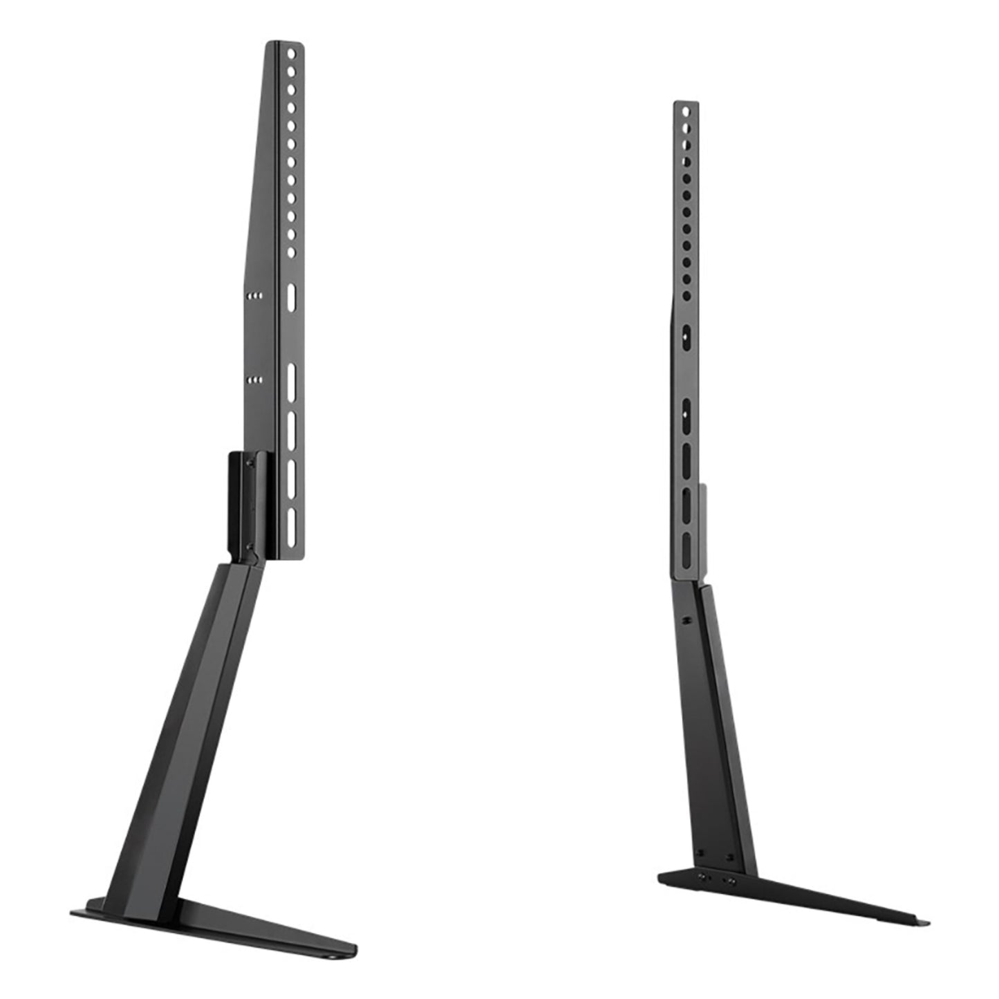 Bordstativ til TV 32-70", sort metal, justerbare arme, flade fødder, flere højdeindstillinger, vises fra flere vinkler.
