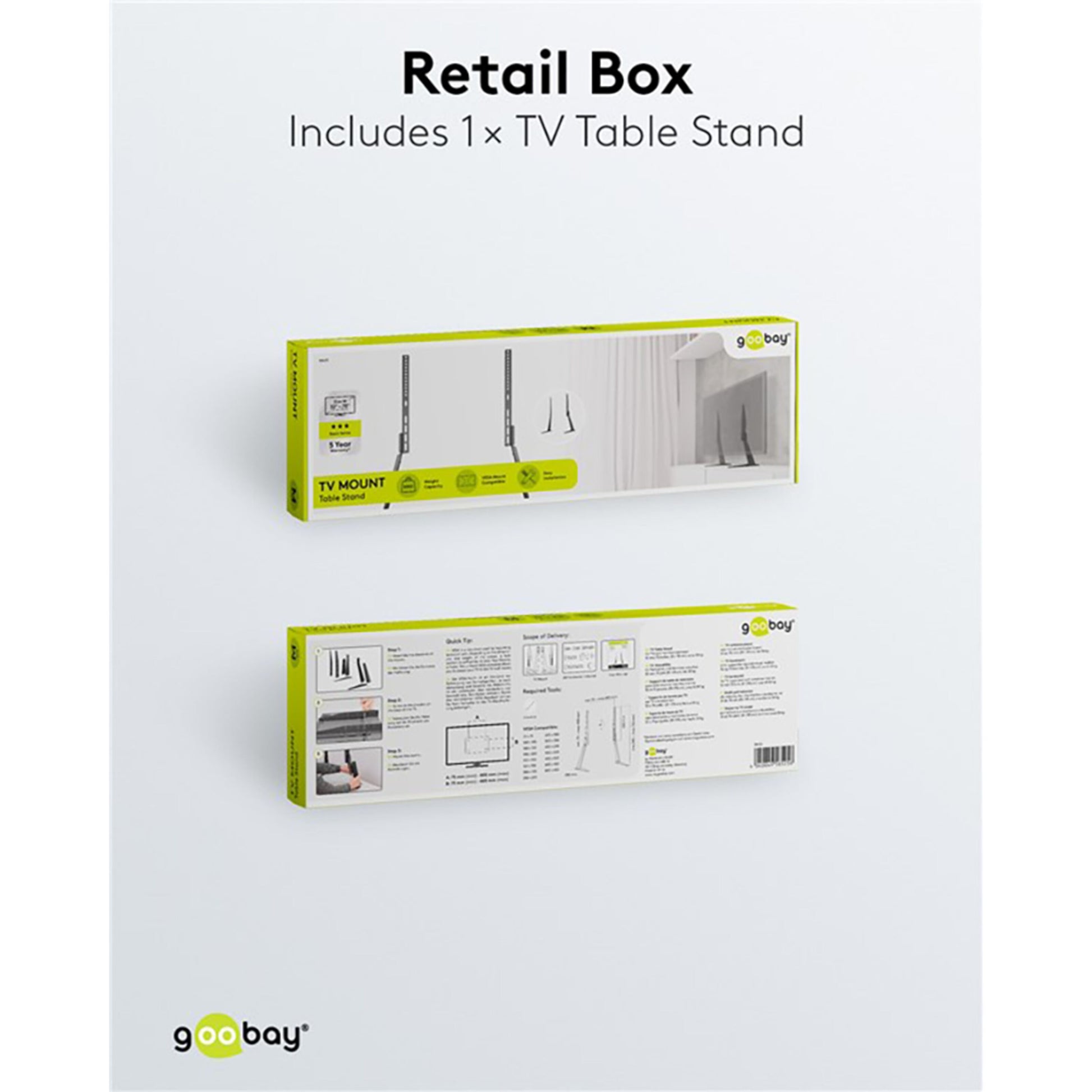 Goobay bordstativ til tv 32-70", retailæske med billeder, funktioner, specs og teksten: Indeholder 1× tv-bordstativ.