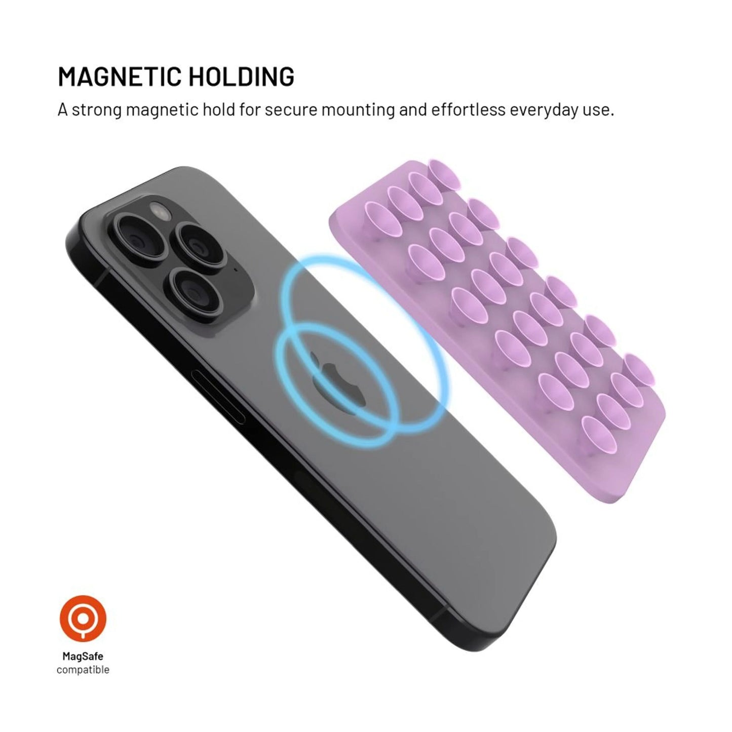 Fixed MagMate MagSafe sugekop-holder med magnetfeste, rosa, kraftigt magnetisk greb, vises med sort smartphone.