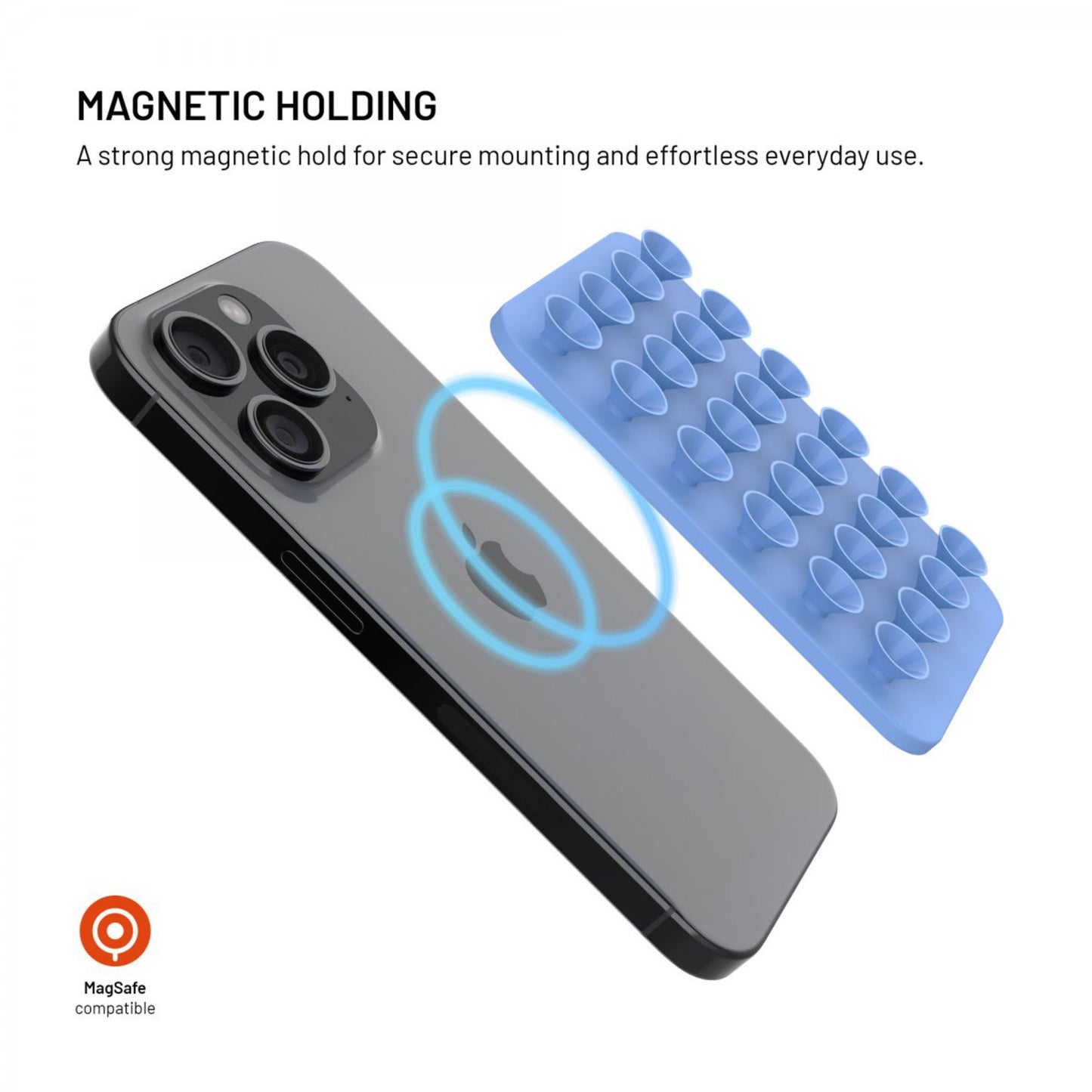 MagMate MagSafe sugekop-holder med magnet, blå, tekst "MAGNETIC HOLDING", iPhone 12 tilbehør ikon nederst til venstre.