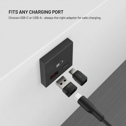 Fixed USB-datablokke 2-pak USB-A og USB-C beskytter mod datatyveri under opladning, sort adapter-sæt.