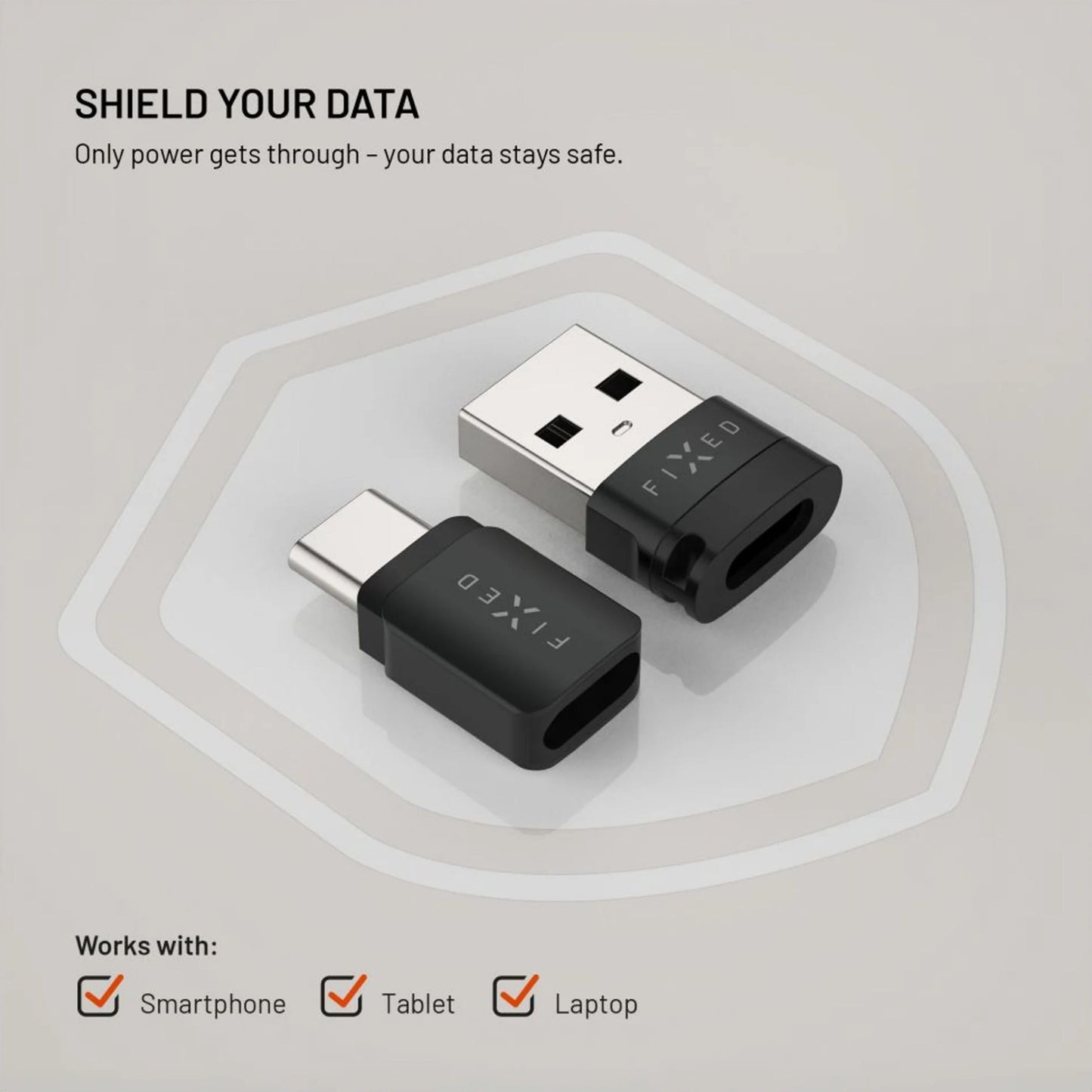 Fixed USB-datablokker 2-pak USB-A/USB-C sort med skjoldikon, tillader kun strøm for sikker opladning, til mobil/tablet/laptop.
