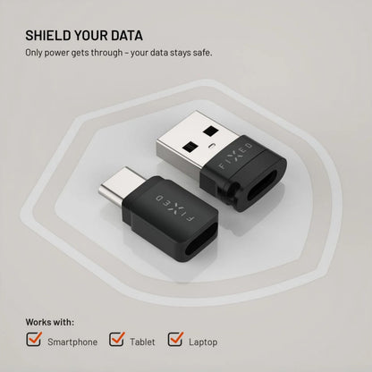 Fixed USB-datablokker 2-pak USB-A/USB-C sort med skjoldikon, tillader kun strøm for sikker opladning, til mobil/tablet/laptop.