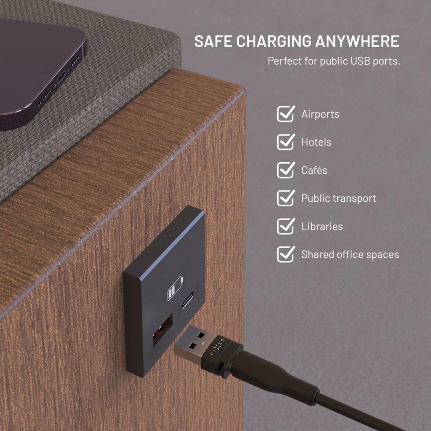 USB datablokke 2-pak USB-A/USB-C beskytter data ved opladning i lufthavne, hoteller, trafik og offentlige rum.